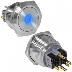 GQ28-11ZD/B/N ON-OFF+OFF-ON, Антивандальная кнопка металлическая с фиксацией и с подсветкой, посадочная резьба М28, контакты под пайку