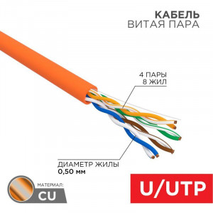 Кабель витая пара  UTP 4PR 24AWG, внутренний огнестойкий без экрана, CAT5e, одножильный, бухта 305м