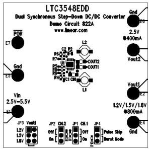 DC822A, Средства разработки интегральных схем (ИС) управления питанием LTC3548EDD Dual Synchronous Step-Down DC/DC Converter, 2.5V to 5.5Vin, 1.2/1.5/1.8Vout1@800mA, 2.5Vout2@400mA