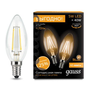 Лампа Filament Свеча E14 5W 2700К 2/100 (2 лампы в упаковке) 103801105P
