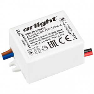 Блок питания ARJ-KE13300-PFC-TRIAC-A (4W, 300mA) 028275, Диммируемый источник тока по стандарту TRIAC с гальванической развязкой для светильников и мощных светодиодов. Входное напряжение 220-240 VAC. Выходные параметры: 8-13 В, 300 mА, 4 Вт. Встроенный PFC >0,9. Негерметичный пластиковый корпус IP 44. Габаритны