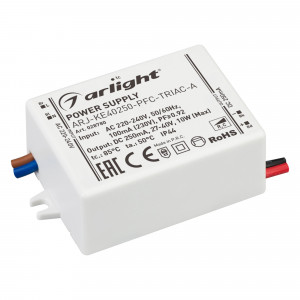 ARJ-KE40250-PFC-TRIAC-A, Диммируемый источник тока по стандарту TRIAC с гальванической развязкой для светильников и мощных светодиодов. Входное напряжение 220-240 VAC. Выходные параметры: 27-40 В, 250 mА, 10 Вт. Встроенный PFC >0,92. Негерметичный пластиковый корпус IP 44. Габари