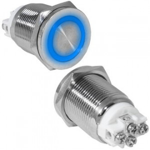 GQ19PF-10ZE/B/N OFF-ON, Антивандальная кнопка металлическая с фиксацией с кольцевой синей подсветкой, посадочная резьба М19, контакты под винт