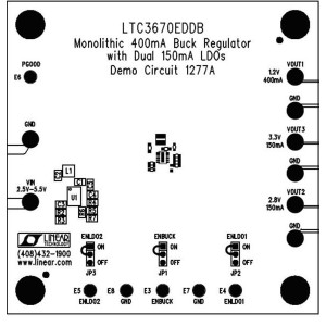 DC1277A, Средства разработки интегральных схем (ИС) управления питанием LTC3670EDDB Synchronous 400mA, 2.25MHz Step-Down DC/DC Regulator with Dual 150mA LDOs