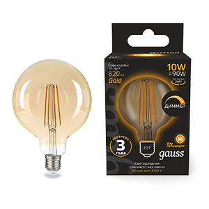 Лампа Filament G125 10W 820lm 2400К Е27 golden диммируемая LED 1/20 158802010-D