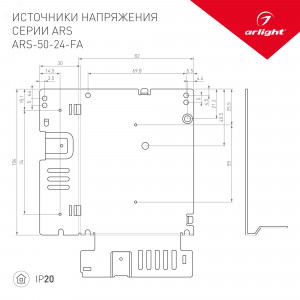 Блок питания ARS-50-24-FA (24V, 2.2A, 53W) 027325(1), Источник напряжения с гальванической развязкой для светодиодных изделий. Входное напряжение 100-240 VAC. Выходные параметры: 24 В, 2,2 А, 53 Вт. Встроенный PFC >0,5. Негерметичный алюминиевый сетчатый корпус IP 20. Габаритные размеры длина 104 мм, ширина