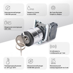 Переключатель SB4 в сборе модульный 22мм 2 позиции с фиксацией ключ 2пол 1НО SB4BG41