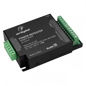 Усилитель SMART-MULTI (12-24V, 5x5A) 027124, RGB+CCT-усилитель. Питание 12-24VDC. 5 каналов, ток нагрузки 5x5A, мощность нагрузки 3  300-600W. Размер 107x75x24,5 мм.