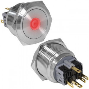 GQ28-11D/R/N ON-(OFF)+OFF-(ON), Антивандальная кнопка металлическая без фиксации с подсветкой, посадочная резьба М28, контакты под пайку