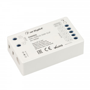 ARL-SIRIUS-DIM-SUF, Контроллер для светодиодной DIM/MIX/RGB/RGBW ленты (ШИМ). Питание/рабочее напряжение 12-24VDC, максимальный ток 4A на канал, 4 канала, максимальная мощность 192-384W. Винтовые клеммы. Корпус - PVC. Габариты 70х40х20 мм.