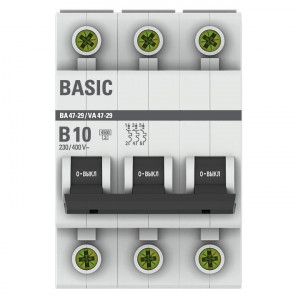 Автоматический выключатель 3P 10А (B) 4,5кА ВА 47-29 Basic mcb4729-3-10-B