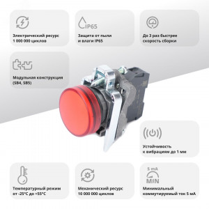 Лампа светосигнальная d22мм 24В DC красн. в сборе SE SB4BVB4