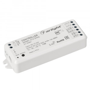 SMART-K13-SYNC, Миниатюрный универсальный 4-х канальный контроллер для светодиодной DIM/MIX/RGB/RGBW лент и модулей (ШИМ). Сихронизация с аналогичными контроллерами до 15 метров, общая длина системы до 100 метров. Питание/рабочее напряжение 12-24VDC, максимальный ток 3A