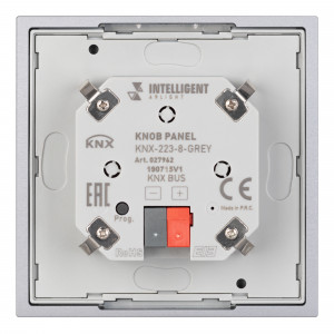 INTELLIGENT ARLIGHT Панель KNX-223-8-GREY (BUS) 027962, Универсальная многофункциональная встраиваемая настенная панель для систем KNX. 8 клавиш. Тонкая рамка, материал - металл. Цвет корпуса - серебристый. Питание от шины KNX DC 21-30V. Габариты 80x80x26.6 мм.